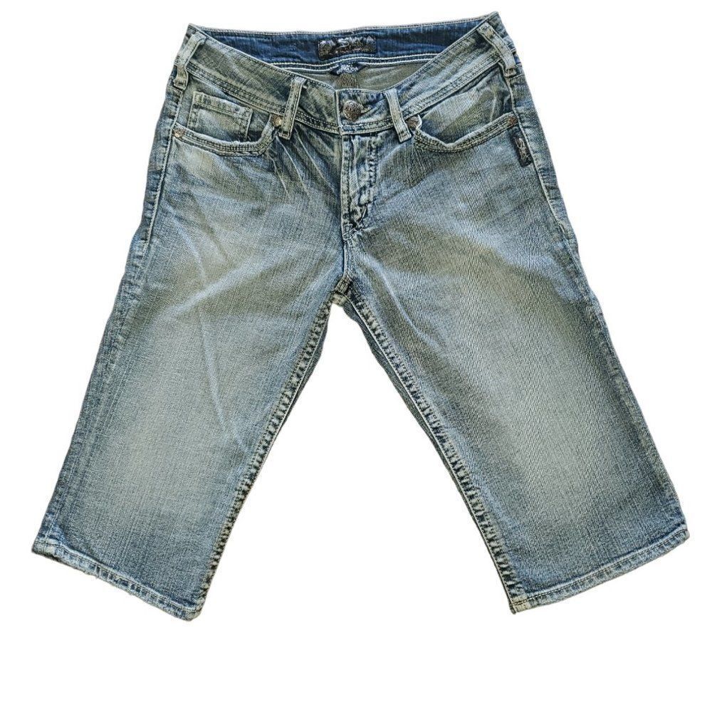 Silver Suki Bermuda Denim Jean Shorts Medium‎ Wash Factory Fading Distressed 27 - Picture 13 of 14